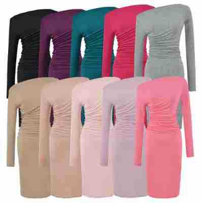 Damen Asymmetrisches Ein-Schulter-Midikleid mit Raffung und Langarm Nord Taschen