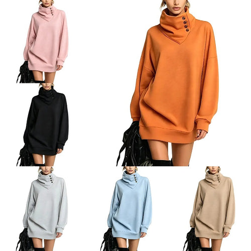 Damen Oversize Sweatshirtkleid mit hohem Knopfkragen Nord Taschen