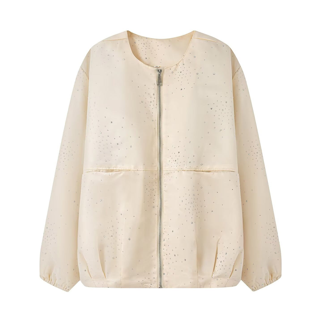 Damen Boxy‑Blouson mit Rundhals, Metallreißverschluss und dezentem Glitzerbesatz Nord Taschen