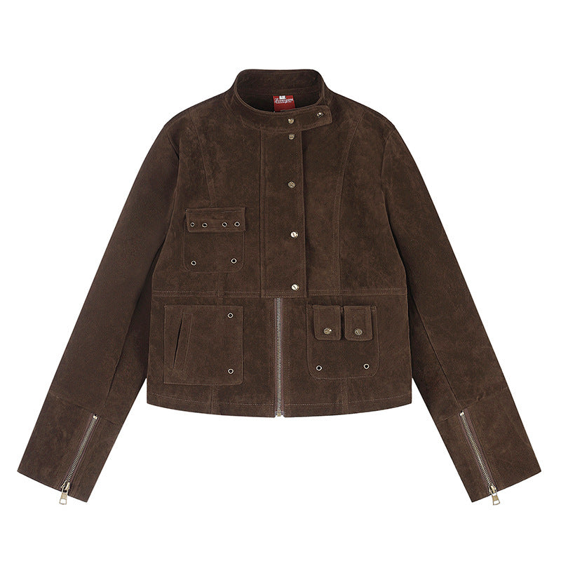 Damen kurze Wildleder-Utilityjacke mit Stehkragen, Mehrfachtaschen und Reißverschluss Nord Taschen
