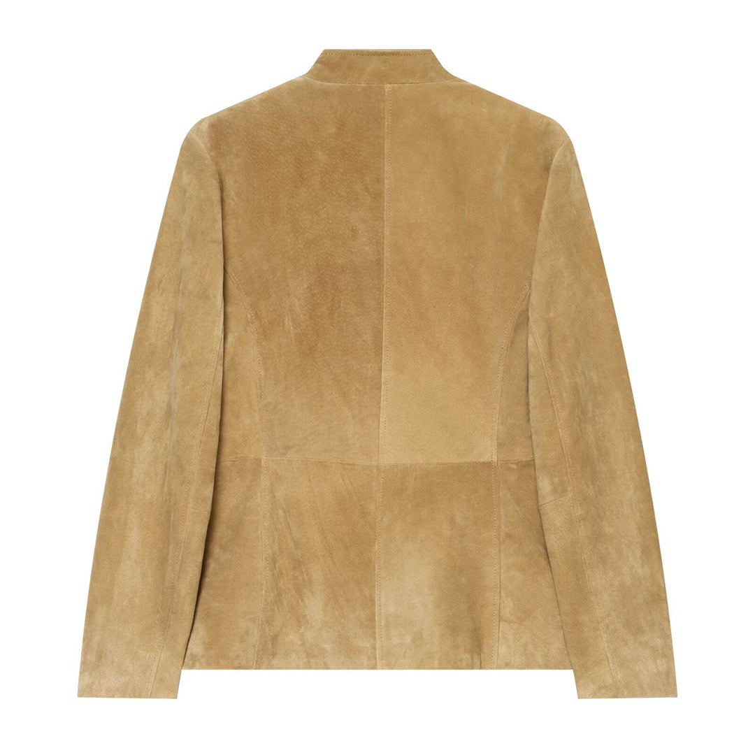 Damen Taillierte Wildlederjacke mit Stehkragen, Pattentaschen und Schulterklappen Nord Taschen