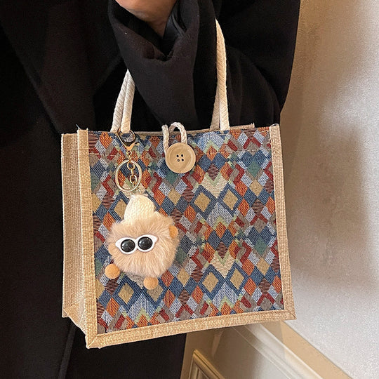 Damen modische Jute-Tragetasche mit buntem Grafikdesign Nord Taschen