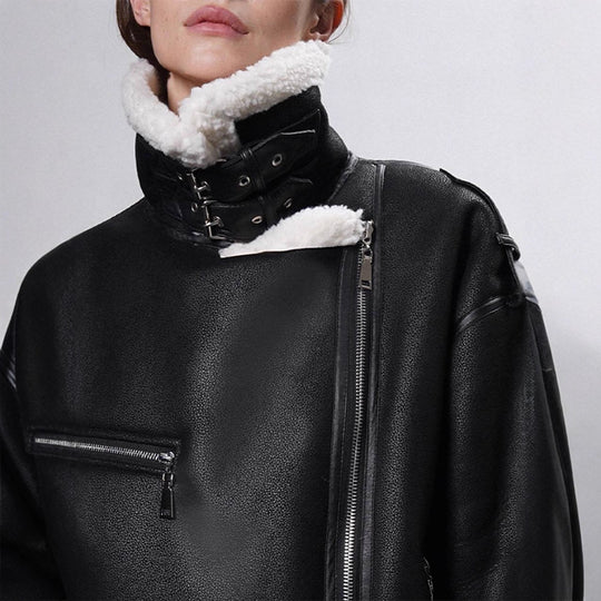 Damen Oversized Bikerjacke mit Teddyfell-Futter und verstellbaren Gürteln Nord Taschen
