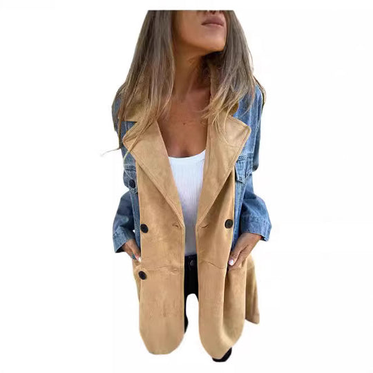 Damen Oversize Jeans-Blazer mit kontrastierendem Wildleder-Einsatz und doppelter Knopfreihe Nord Taschen