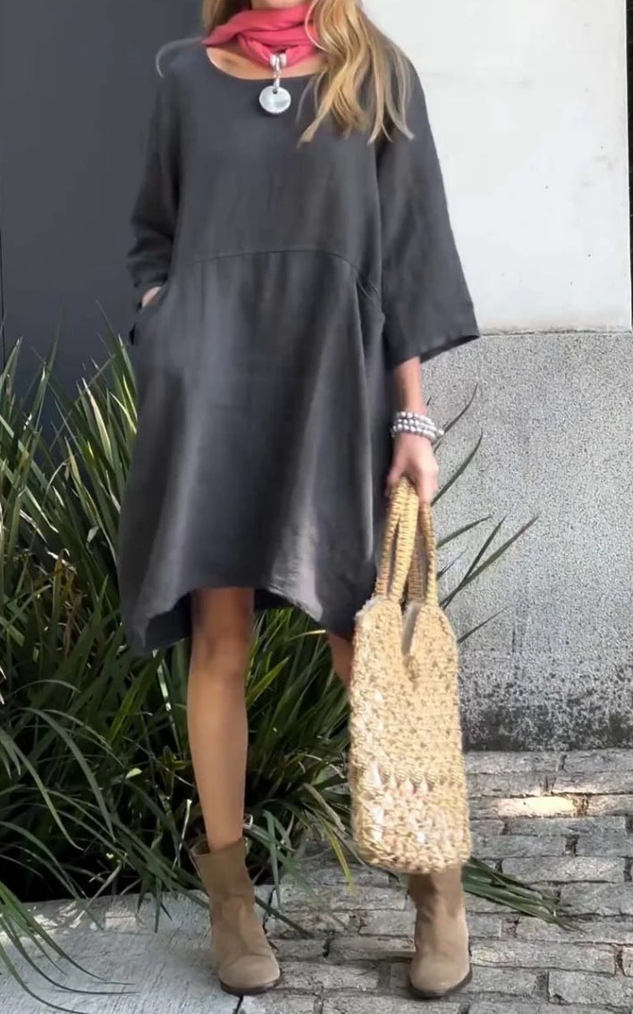 Damen lässiges Leinenkleid mit praktischen Taschen und asymmetrischem Saum