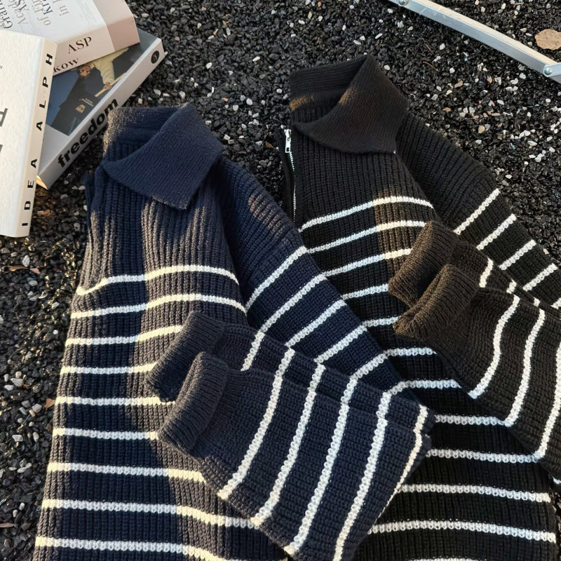 Unisex Grobgestrickter Oversize-Pullover mit halbem Reißverschluss und Polokragen Nord Taschen