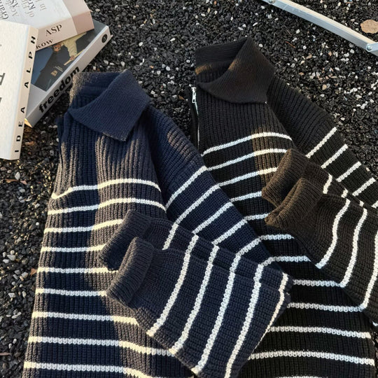 Unisex Grobgestrickter Oversize-Pullover mit halbem Reißverschluss und Polokragen Nord Taschen