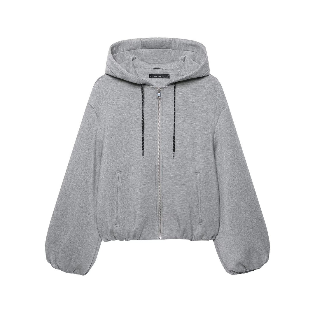 Damen Cropped Kapuzen-Sweatjacke mit Ballonärmeln und Tunnelzug Nord Taschen