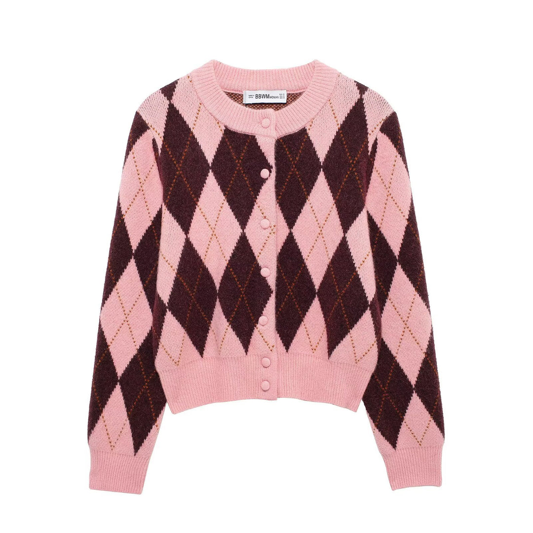 Damen Kurze Rauten‑Argyle‑Strickjacke mit Rundhals und stoffbezogenen Knöpfen Nord Taschen