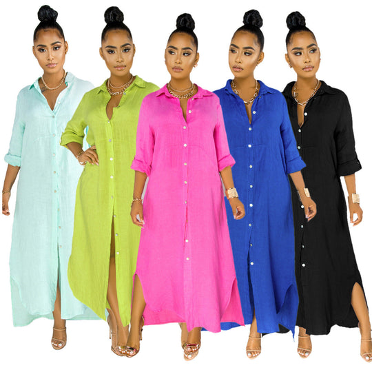 Damen lässiges Hemdkleid mit seitlichen Schlitzen und langfristiger Passform