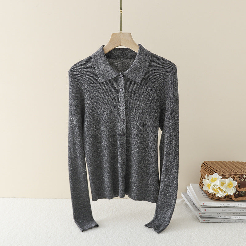 Damen Feinstrick-Cardigan mit Polokragen, Knopfleiste und dezentem Glitzereffekt Nord Taschen