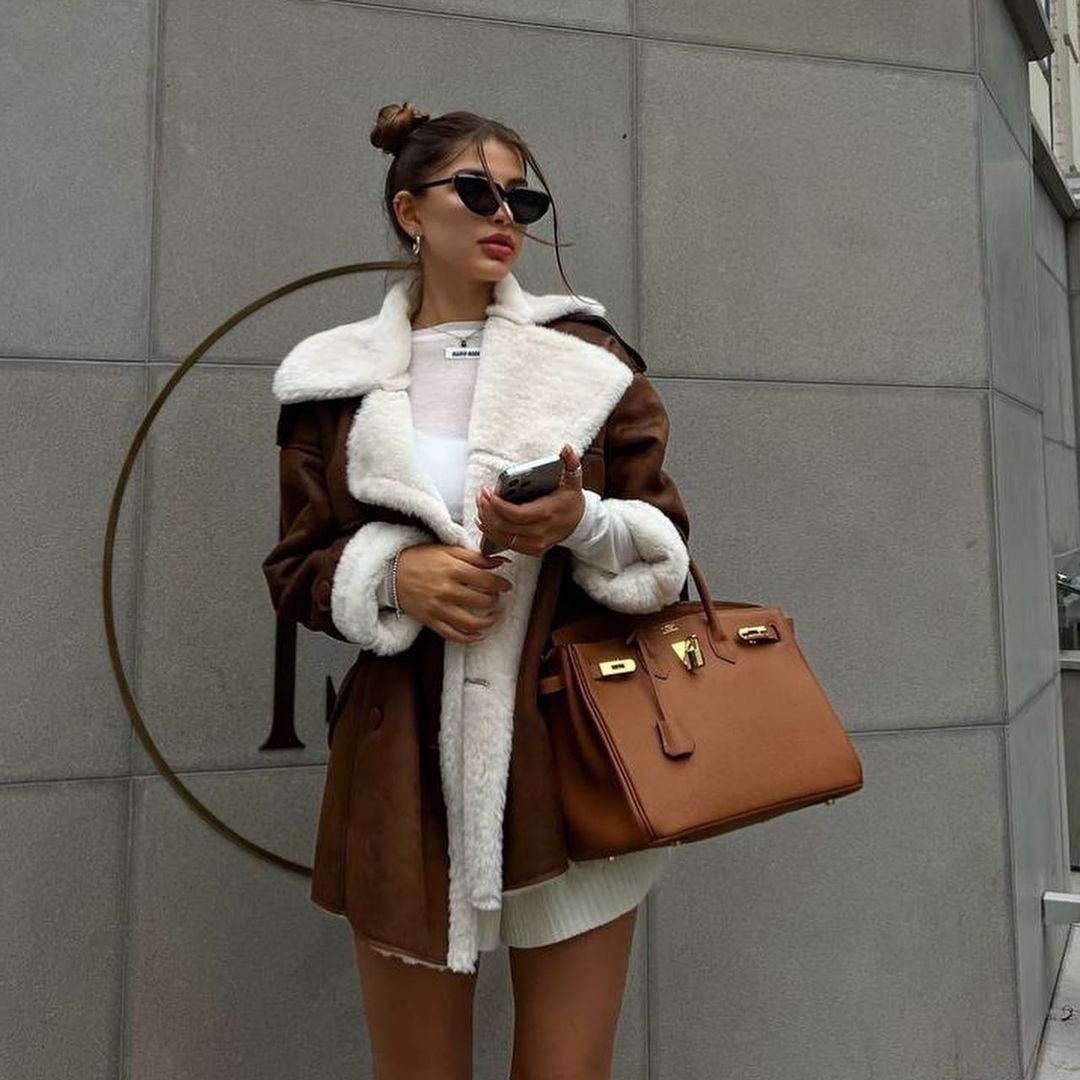Damen Oversized Fliegerjacke aus Lammfellimitat mit Doppelreihiger Knopfleiste Nord Taschen