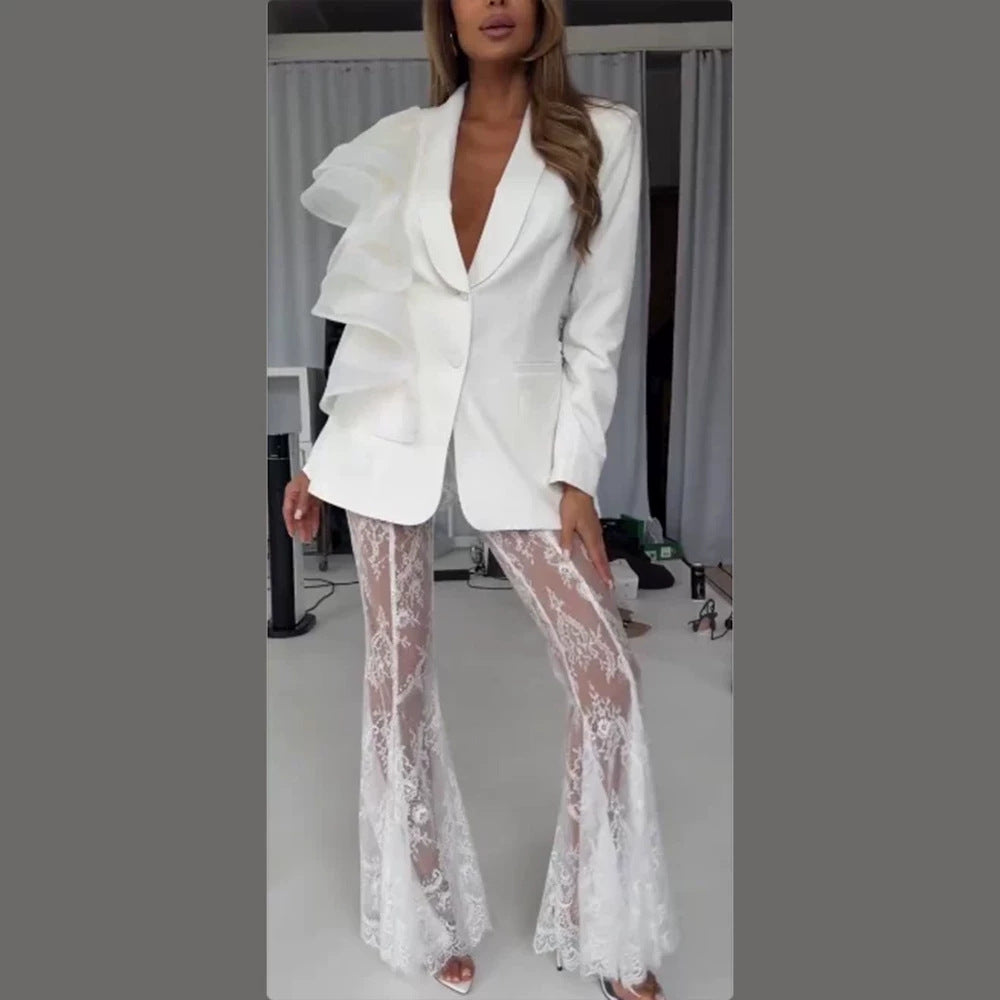 Damen taillierter Blazer mit asymmetrischer Organza-Rüsche Nord Taschen