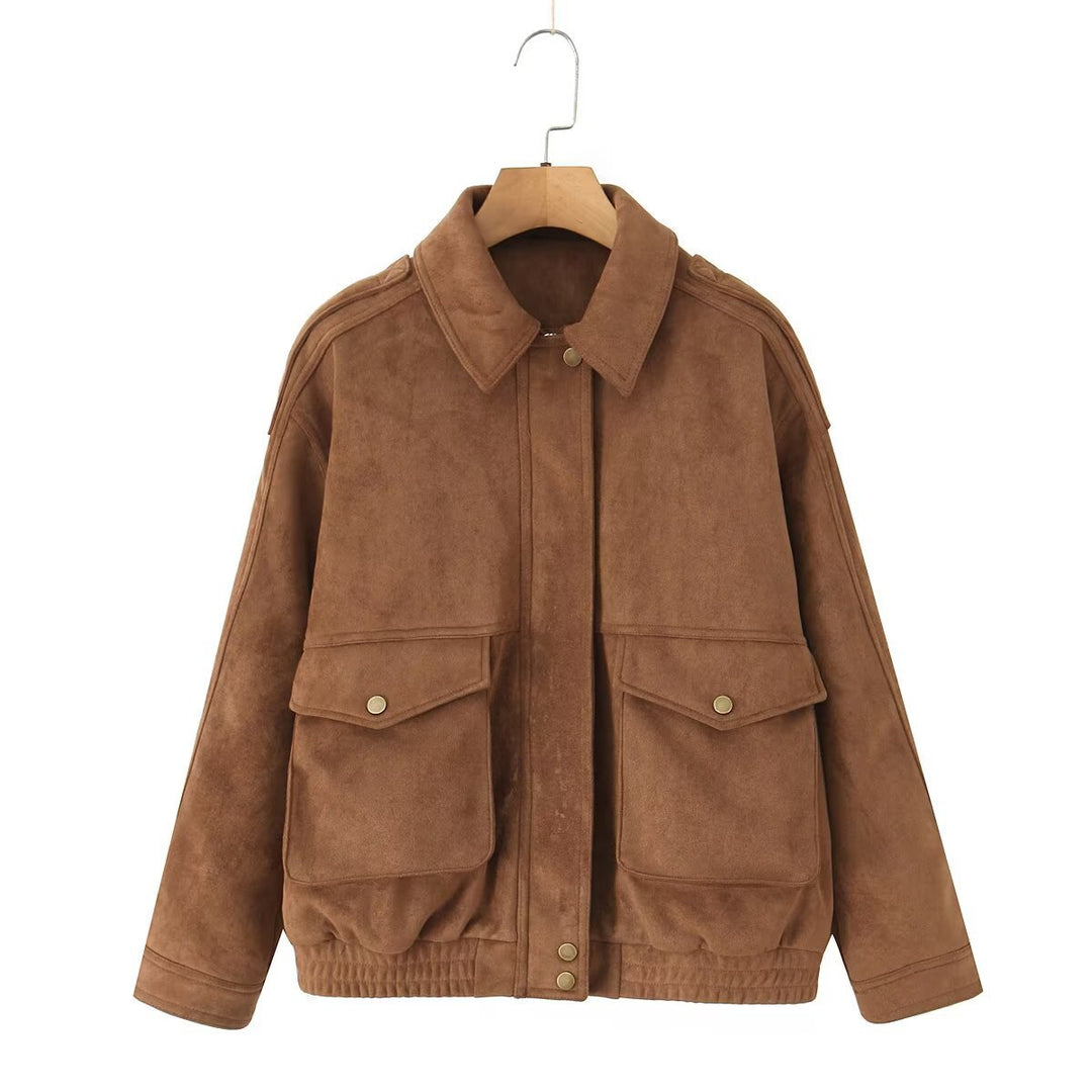 Damen Oversize Wildlederoptik-Bomberjacke mit Pattentaschen und elastischem Saum Nord Taschen