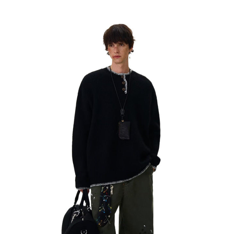 Herren Grobstrick-Henley-Pullover mit Bouclé-Optik und kontrastierten Bündchen Nord Taschen