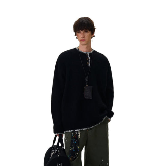 Herren Grobstrick-Henley-Pullover mit Bouclé-Optik und kontrastierten Bündchen Nord Taschen