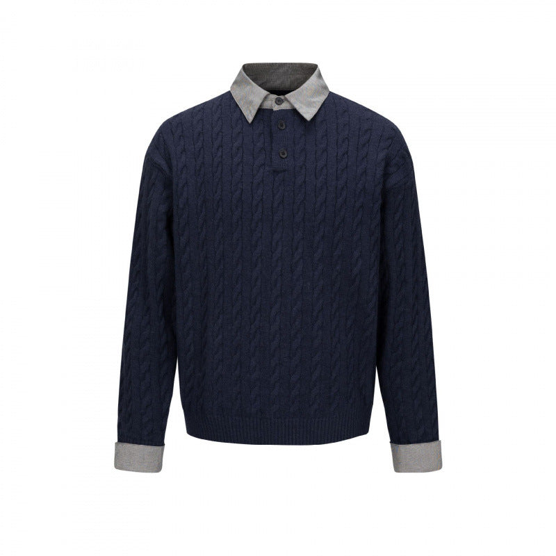 Herren Strukturiertes Zopfmuster-Henley-Strickshirt mit Kontrast-Hemdkragen und Umschlagmanschetten Nord Taschen