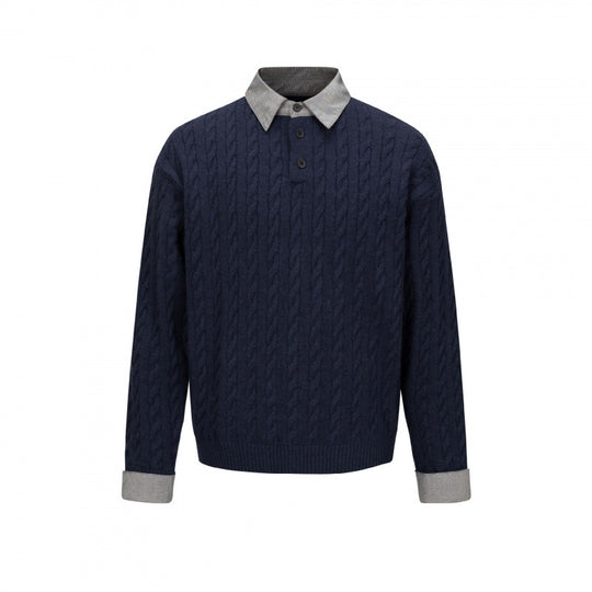 Herren Strukturiertes Zopfmuster-Henley-Strickshirt mit Kontrast-Hemdkragen und Umschlagmanschetten Nord Taschen