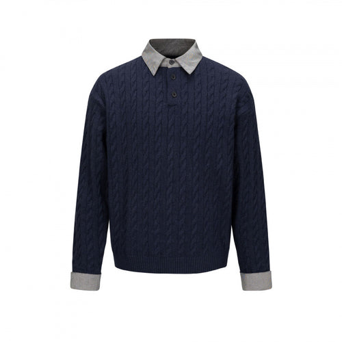 Herren Strukturiertes Zopfmuster-Henley-Strickshirt mit Kontrast-Hemdkragen und Umschlagmanschetten Nord Taschen