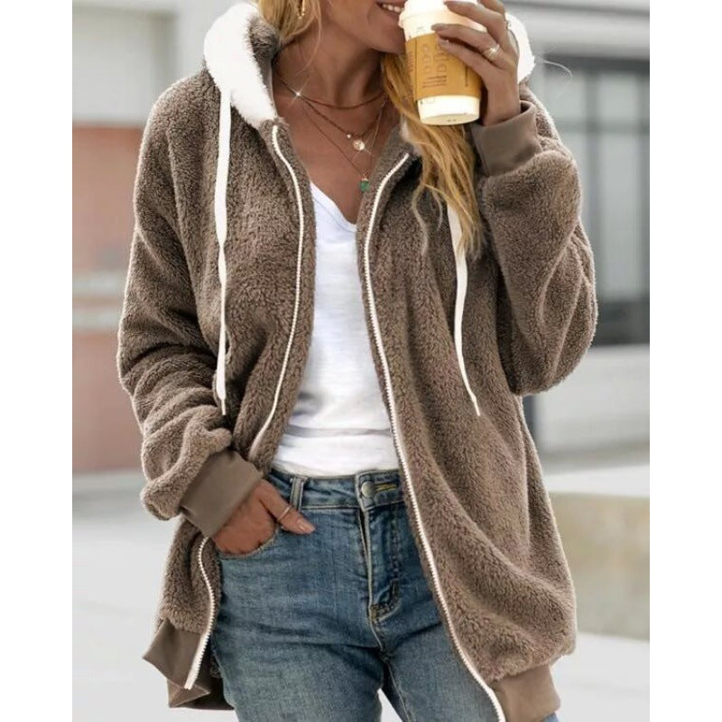 Damen Oversized Sherpa-Zipjacke mit Kontrastkragen, Rippbündchen und Kordelzug Nord Taschen