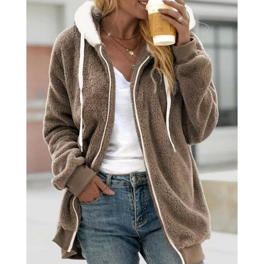 Damen Oversized Sherpa-Zipjacke mit Kontrastkragen, Rippbündchen und Kordelzug Nord Taschen