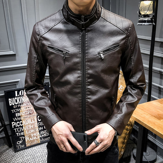 Herren Slim-Fit Kunstleder‑Racerblouson mit Stehkragen und Reißverschluss‑Brusttaschen Nord Taschen
