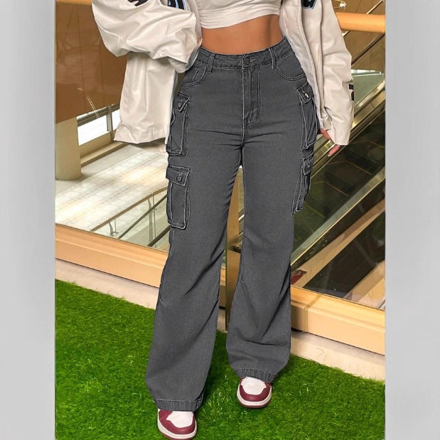 Damen Cargo-Denim-Hose mit weitem Bein, hoher Taille & multifunktionalen Klappentaschen Nord Taschen