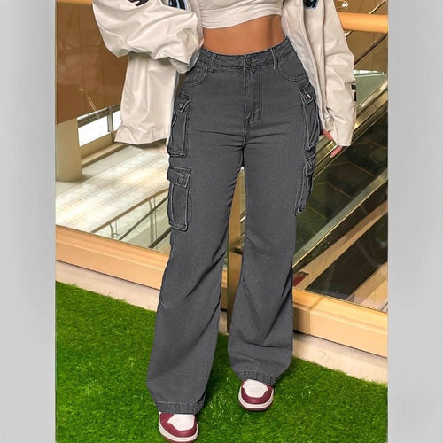 Damen Cargo-Denim-Hose mit weitem Bein, hoher Taille & multifunktionalen Klappentaschen Nord Taschen
