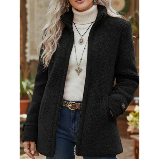 Damen Kuscheliger Teddy-Cardigan-Mantel mit Stehkragen, verdecktem Reißverschluss und Zierknopfmanschetten Nord Taschen