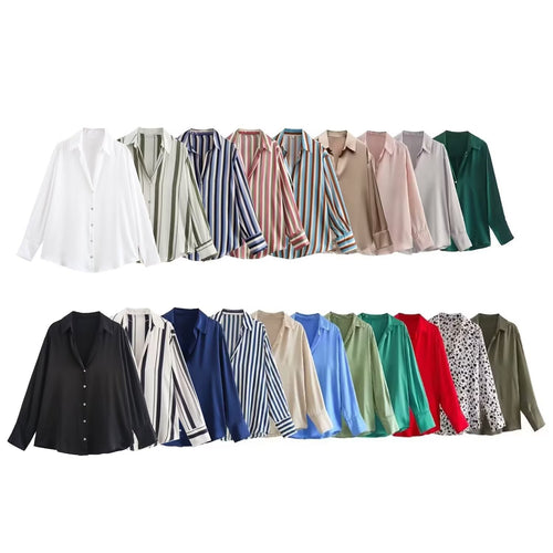 Damen Oversized Satinbluse mit Hemdkragen und breiten Manschetten Nord Taschen