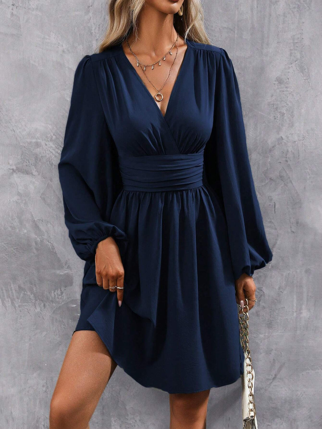 Damen Knielanges Wickelkleid mit eleganten Puffärmeln