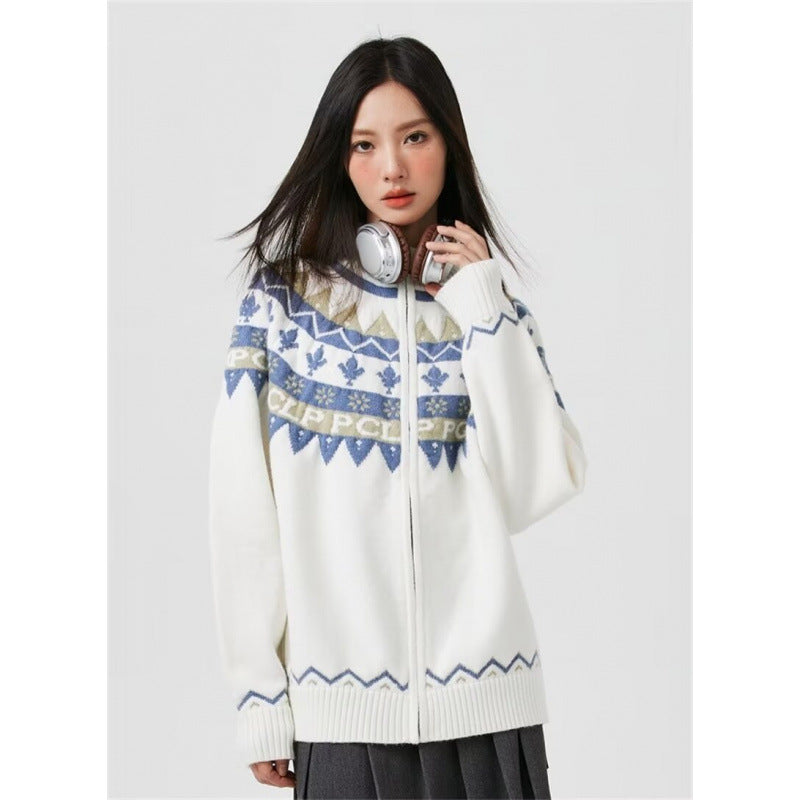 Damen Lässige Strick-Zipjacke mit Jacquard-Yoke und Rippbündchen Nord Taschen