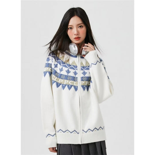 Damen Lässige Strick-Zipjacke mit Jacquard-Yoke und Rippbündchen Nord Taschen
