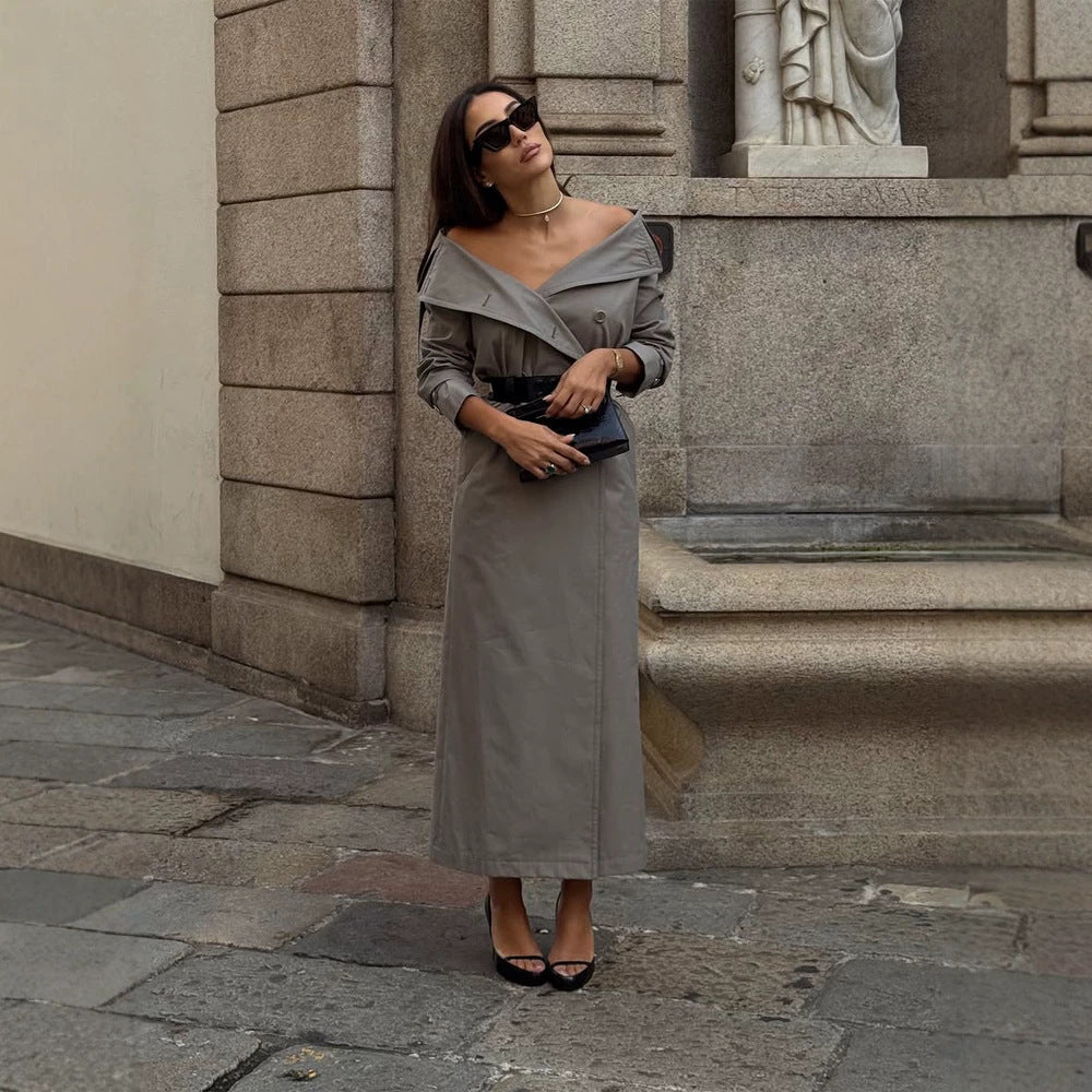 Damen Off-Shoulder Trenchkleid mit doppelreihiger Knopfleiste und tailliertem Lackgürtel Nord Taschen