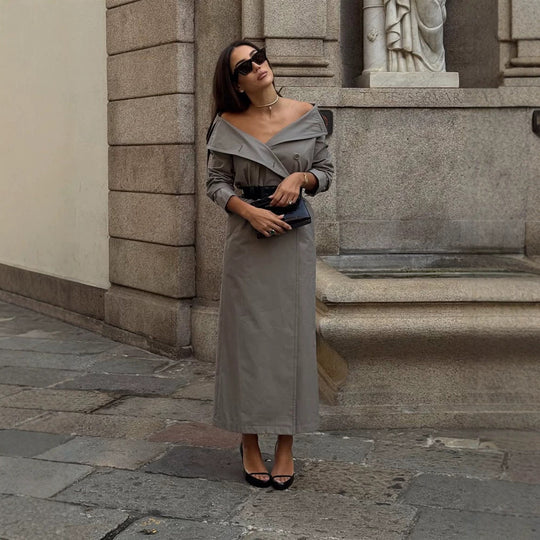 Damen Off-Shoulder Trenchkleid mit doppelreihiger Knopfleiste und tailliertem Lackgürtel Nord Taschen