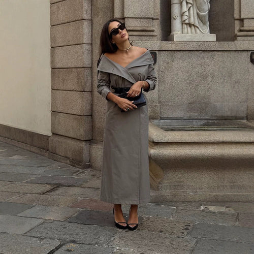 Damen Off-Shoulder Trenchkleid mit doppelreihiger Knopfleiste und tailliertem Lackgürtel Nord Taschen