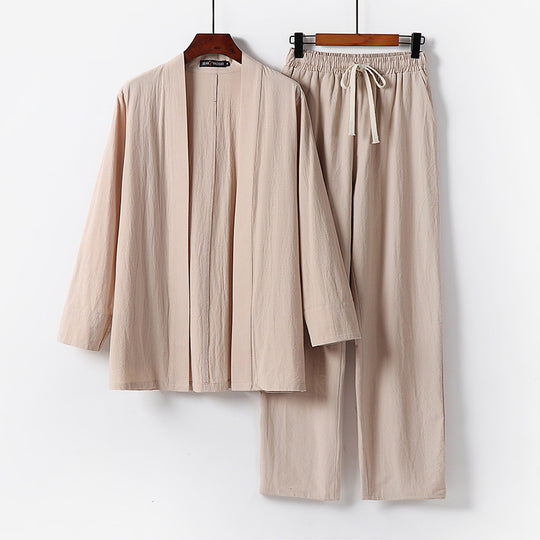Herren Lockeres Kimono-Loungewear-Set aus leichter Baumwollmischung mit elastischer Kordelhose Nord Taschen