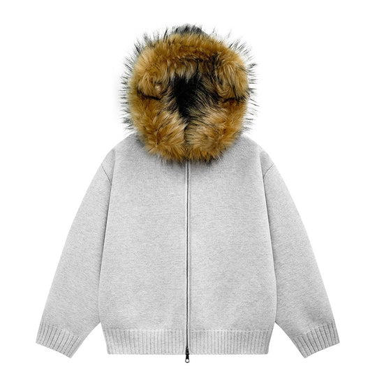 Damen Strick-Bomberjacke mit Kapuze und abnehmbarem Kunstfellbesatz Nord Taschen