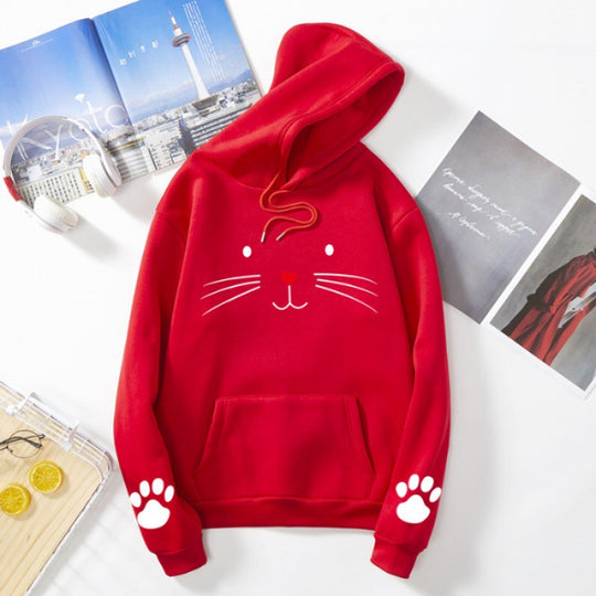 Damen nan Kapuzenpullover mit gedrucktem Katzenmotiv, Kängurutasche und Pfotenapplikationen Nord Taschen