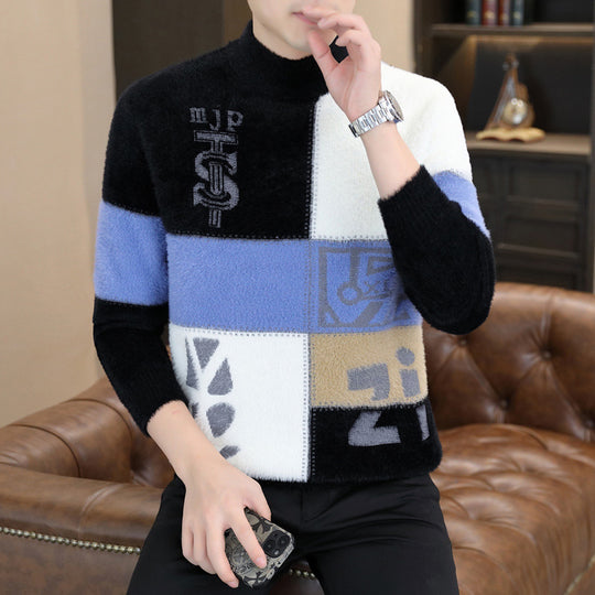 Herren Gemusterter Rollkragenpullover aus flauschigem Bouclé‑Mix mit Patch‑Intarsien Nord Taschen