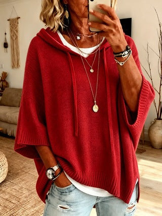 Damen Oversize Strick-Poncho mit Kapuze, Fledermausärmeln und Seitenschlitzen Nord Taschen