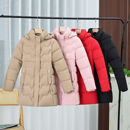 Damen nan mittellanger Steppmantel mit Kapuze, taillierendem Kordelzug und geometrischer Ziersteppung Nord Taschen