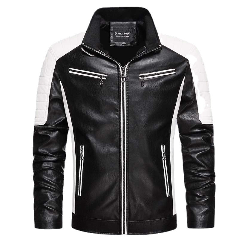 Herren Kunstleder-Bikerjacke im Retro-Racer-Stil mit gesteppter Schulterpanele und Kontrastbesatz Nord Taschen