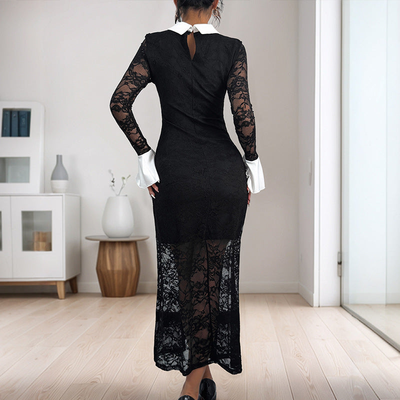 Damen Figurbetontes Midi-Spitzekleid mit kontrastierendem Hemdkragen Nord Taschen