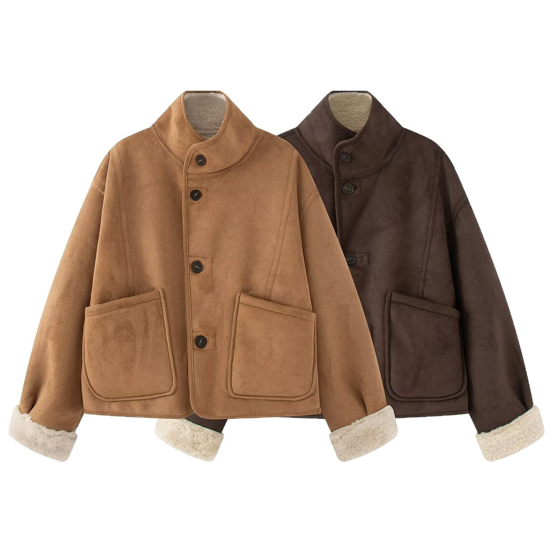 Damen Kurze Schaffelloptik-Jacke mit Stehkragen und großen aufgesetzten Taschen Nord Taschen