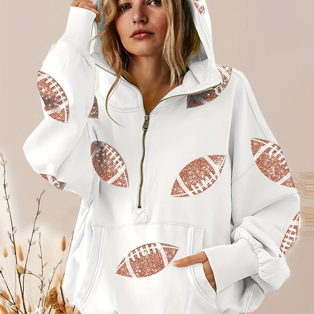 Damen Oversized Kapuzenpullover mit halbem Reißverschluss und Pailletten‑Football-Applikation Nord Taschen