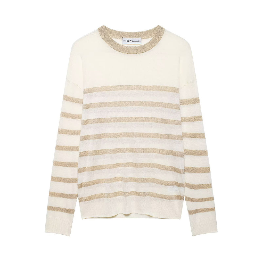 Damen Leichter gestreifter Feinstrickpullover mit Metallic‑Streifen und Rundhalsausschnitt Nord Taschen