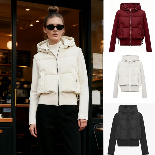 Damen Kurz geschnittene Hybrid-Steppjacke mit Kapuze, Rippbündchen und Tunnelzug Nord Taschen