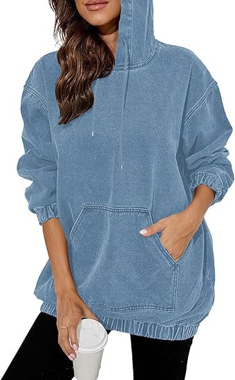 Damen Oversize Kapuzenpullover aus verwaschenem Jeansstoff mit Kängurutasche Nord Taschen