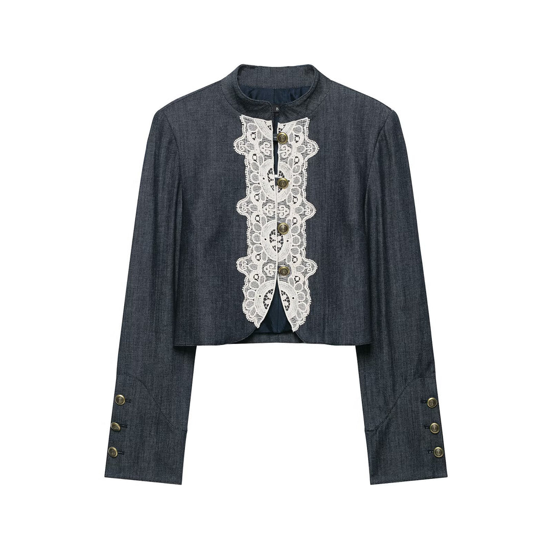 Damen Boleroartige Kurzjacke im Vintage-Denim‑Stil mit Spitzenpasse und Messingknöpfen Nord Taschen
